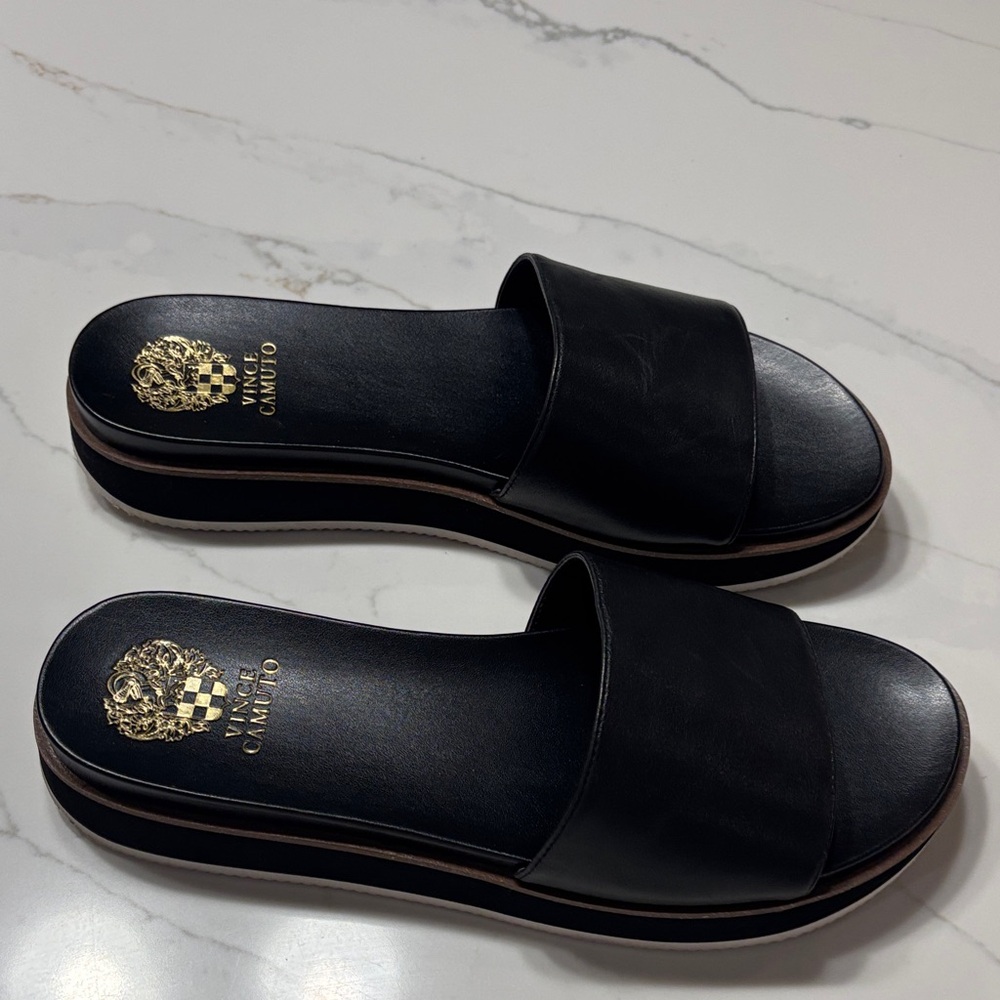 Vince Camuto Black Slide Sandals with Gold Logo - Picture 3 of 8
